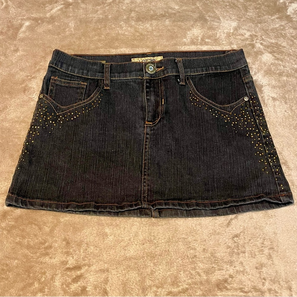 Lot 29 Y2K Rhinestone Denim Mini Skirt Dark Wash Gold Bling Pockets Size 9 30”